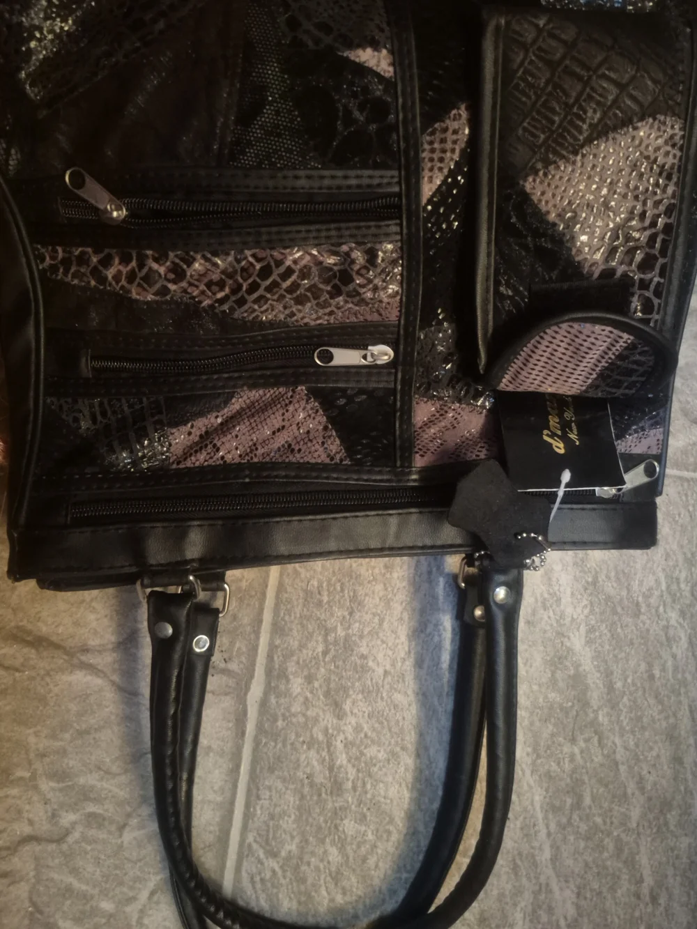 Patchwork Black and Mauve Tote Bag with Front Zip Pocket